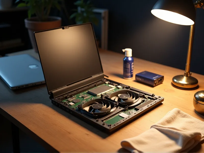 Ilustracja czyszczenia i konserwacji laptopa — otwarty laptop i narzędzia serwisowe w warsztacie w stylu vintage